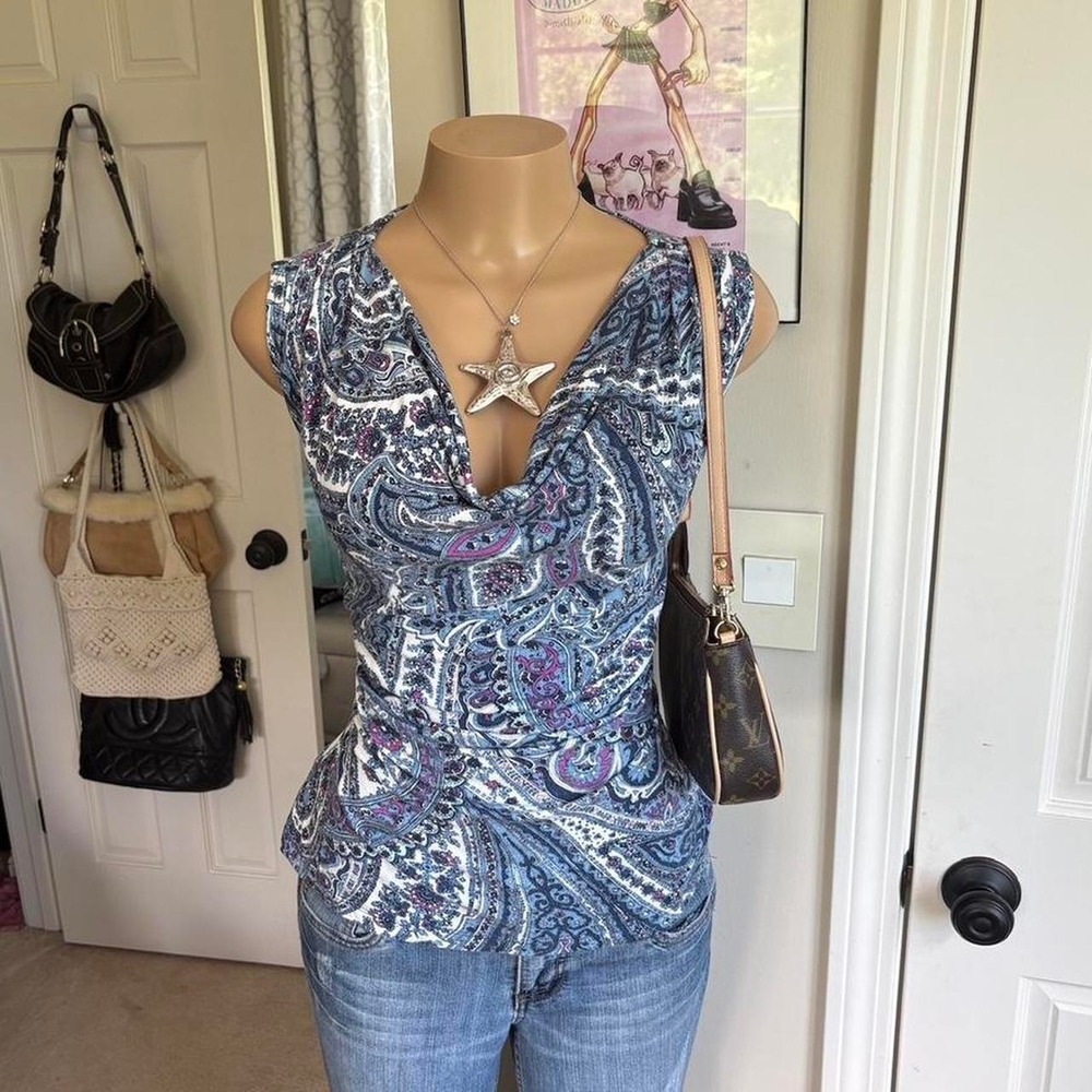 Y2K 2000s floral Paisley Cowl Neck draped Top